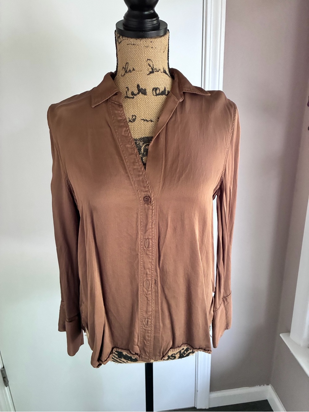Zara Brown Button-Front Long Sleeve Blouse
